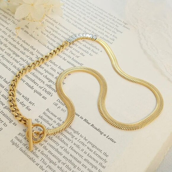 NWT 18K Gold Plated CZ Links Herringbone Chain Necklace Toggle Clasp - Picture 7 of 10